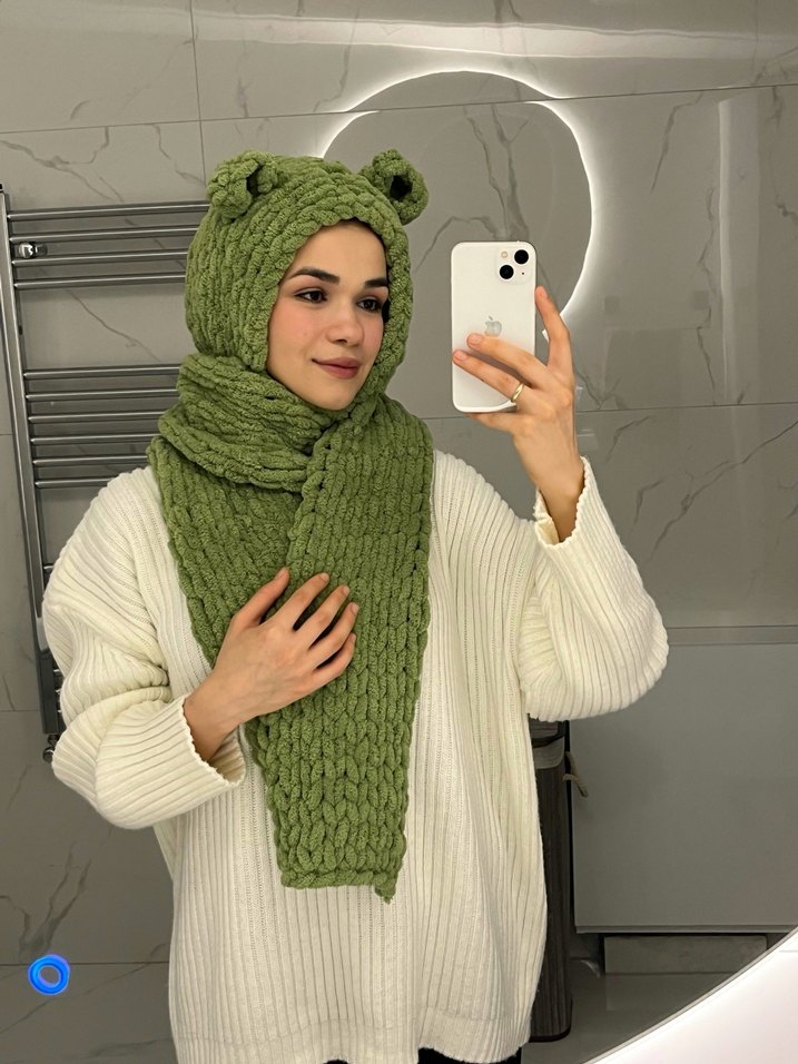 Açık Haki Örgü Kadın Şal Kulak Detaylı - Görsel 5