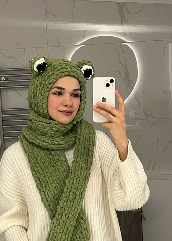 Örme Kurbağa Figürlü Haki balaklava bereli atkı - Görsel 2