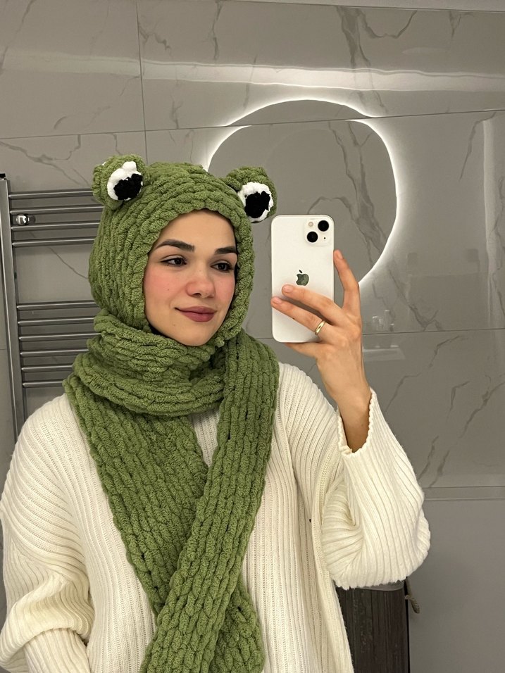 Örme Kurbağa Figürlü Haki balaklava bereli atkı - Görsel 2