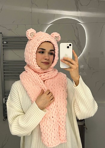 Pembe Örgü Kadın Atkı ve Kapüşon - Görsel 3