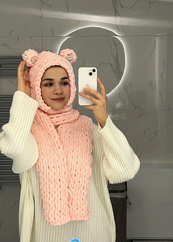 Pembe Örgü Kadın Atkı ve Kapüşon - Görsel 4