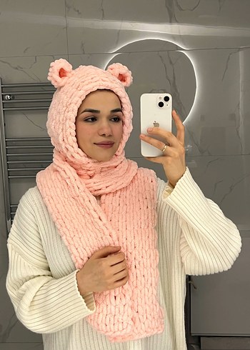 Pembe Örgü Kadın Atkı ve Kapüşon - Görsel 8