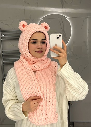 Pembe Örgü Kadın Atkı ve Kapüşon - Görsel 7