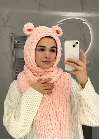 Pembe Örgü Kadın Atkı ve Kapüşon - Görsel 5