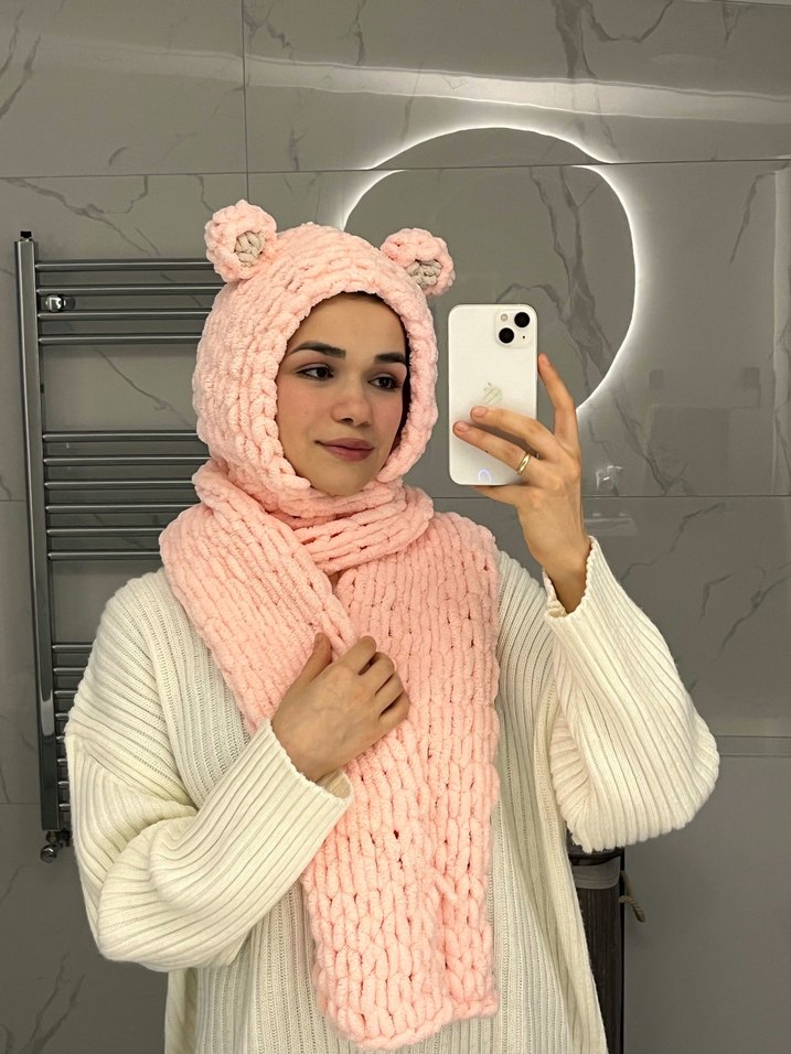 Pembe Örgü Kadın Atkı ve Kapüşon - Görsel 3