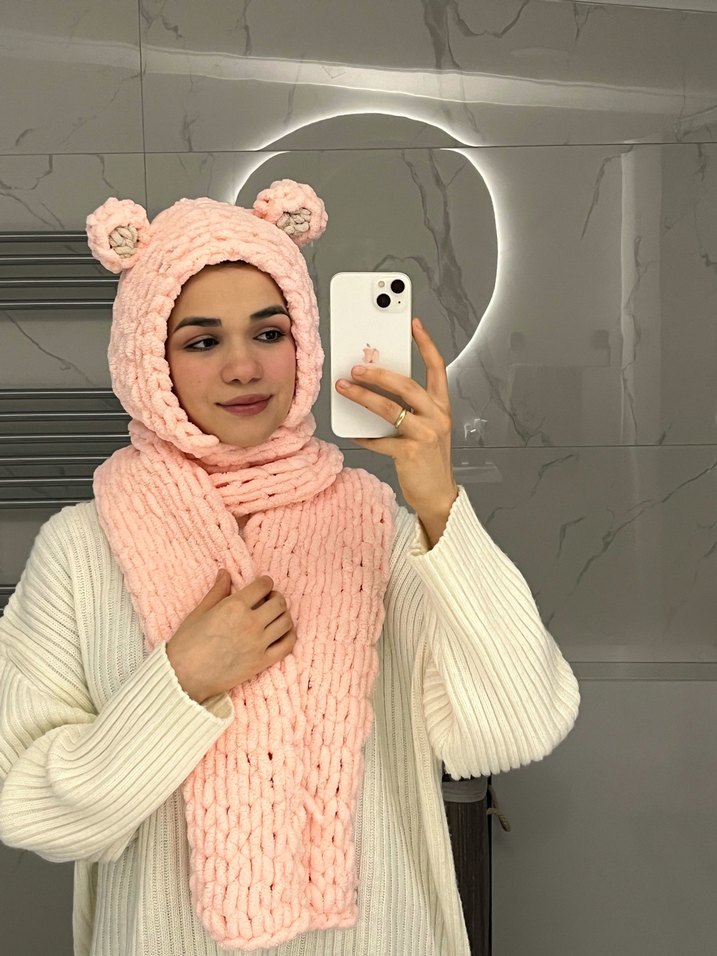 Pembe Örgü Kadın Atkı ve Kapüşon - Görsel 2