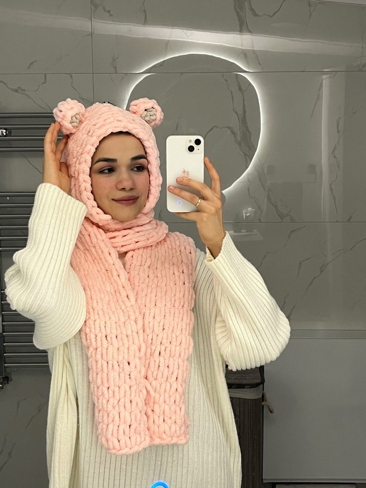 Pembe Örgü Kadın Atkı ve Kapüşon - Görsel 4
