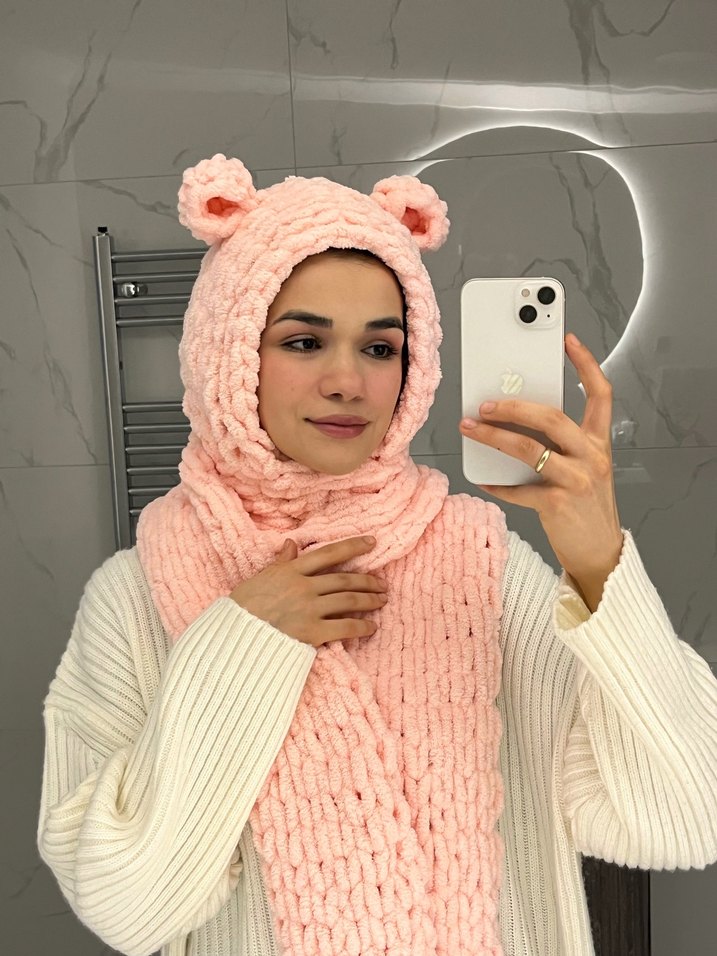 Pembe Örgü Kadın Atkı ve Kapüşon - Görsel 5