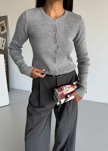Düğmeli Gri Triko Kadın Ofis Kıyafeti Hırka - Görsel 5