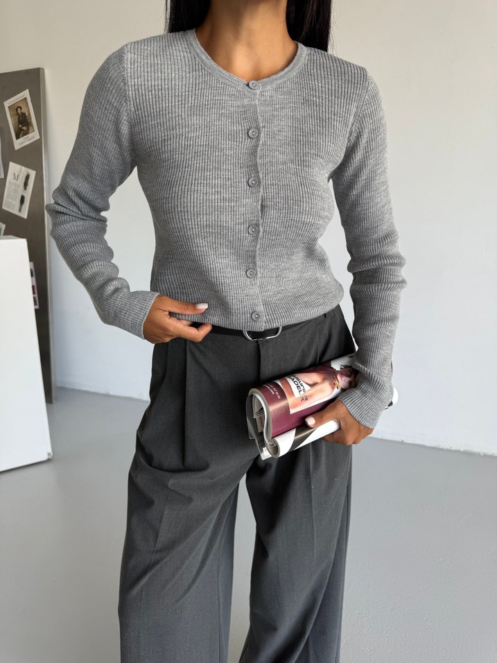 Düğmeli Gri Triko Kadın Ofis Kıyafeti Hırka - Görsel 5
