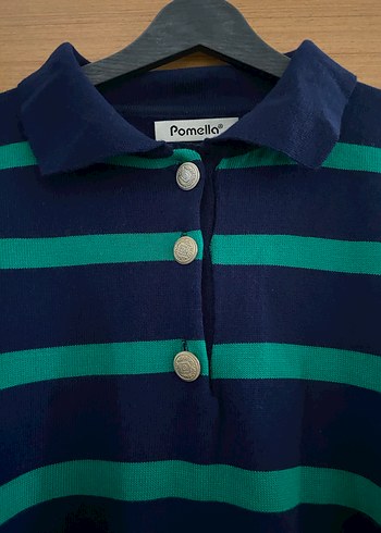 Yeşil Çizgili Düğmeli Uzun Kollu Triko Kazak - Görsel 4