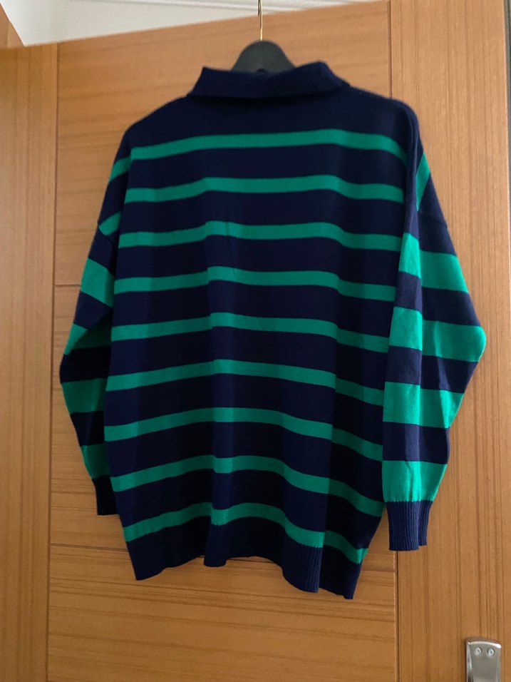 Yeşil Çizgili Düğmeli Uzun Kollu Triko Kazak - Görsel 5