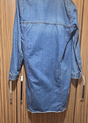 Uzun Boy Mavi Kadın Kot Ceket - Görsel 4