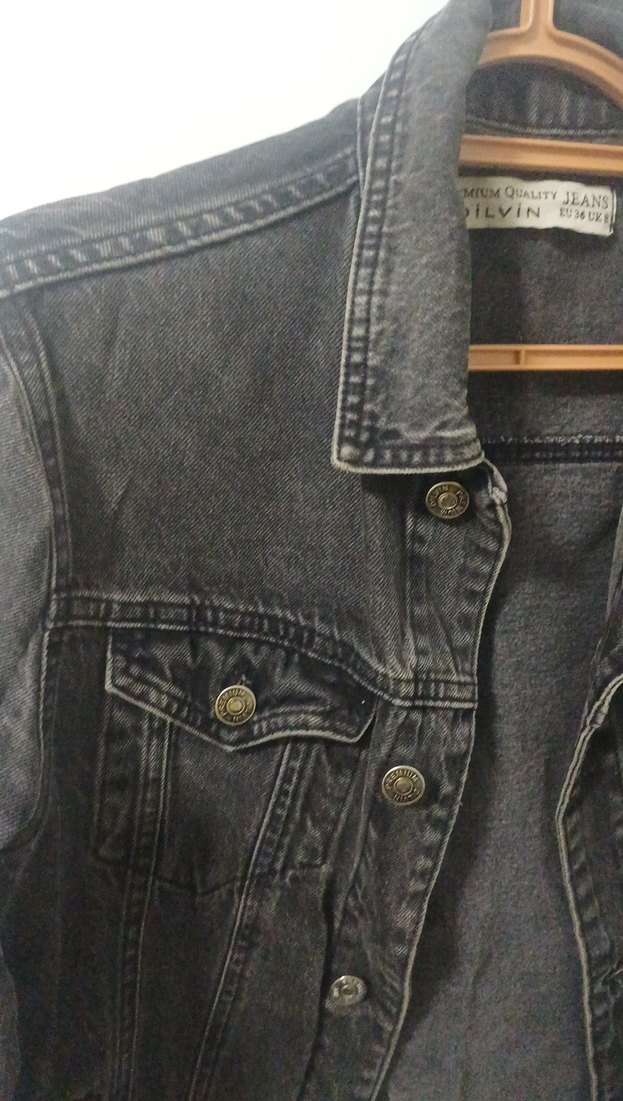 antrasit Kadın Denim Ceket, Düğmeli, Dar Kesim - Görsel 2