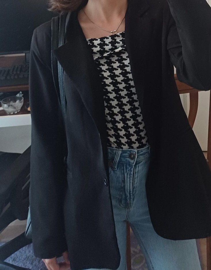 Kaz ayağı Desenli Uzun Kollu siyah beyaz Bluz - Görsel 2