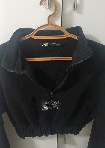 Siyah Yarım Fermuarlı Crop Sweatshirt - Görsel 2