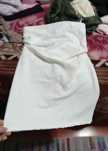 Beyaz Mini Straplez Drapeli Elbise - Görsel 5