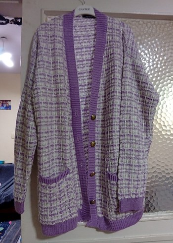 Mor Bağcıklı Örgü Salaş Kadın Hırka - Görsel 4