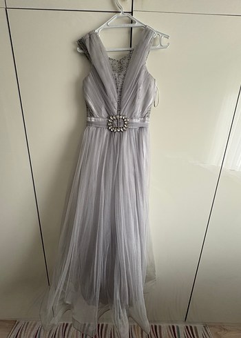 Gri Uzun Drapeli Abiye Elbise - Görsel 2