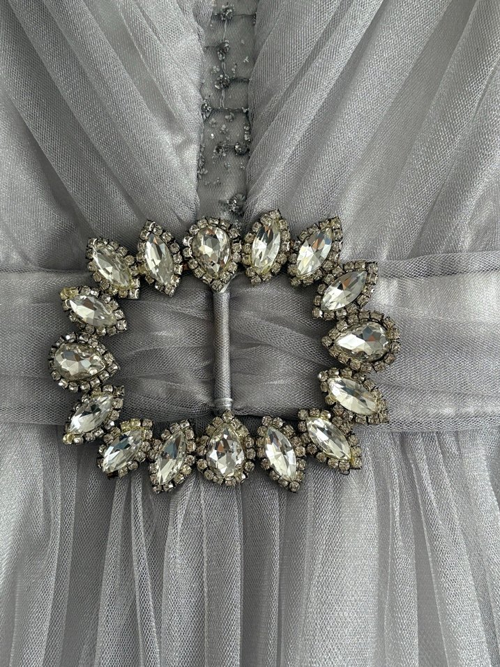 Gri Uzun Drapeli Abiye Elbise - Görsel 3