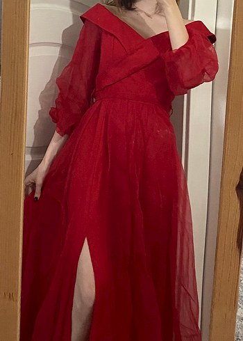 Kırmızı Tüllü Yırtmaçlı Abiye - Görsel 6