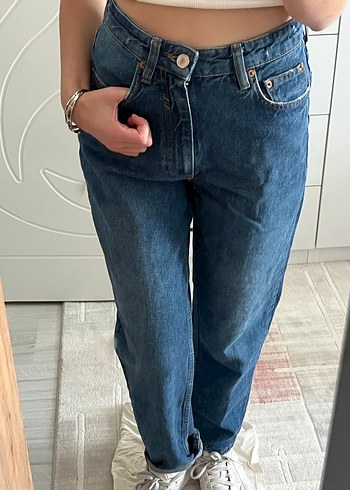 Düğmeli Mavi Kadın Denim Pantolon