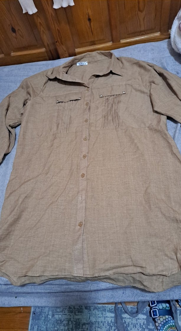 Bej Keten Düğmeli Uzun Kollu Tunik - Görsel 3