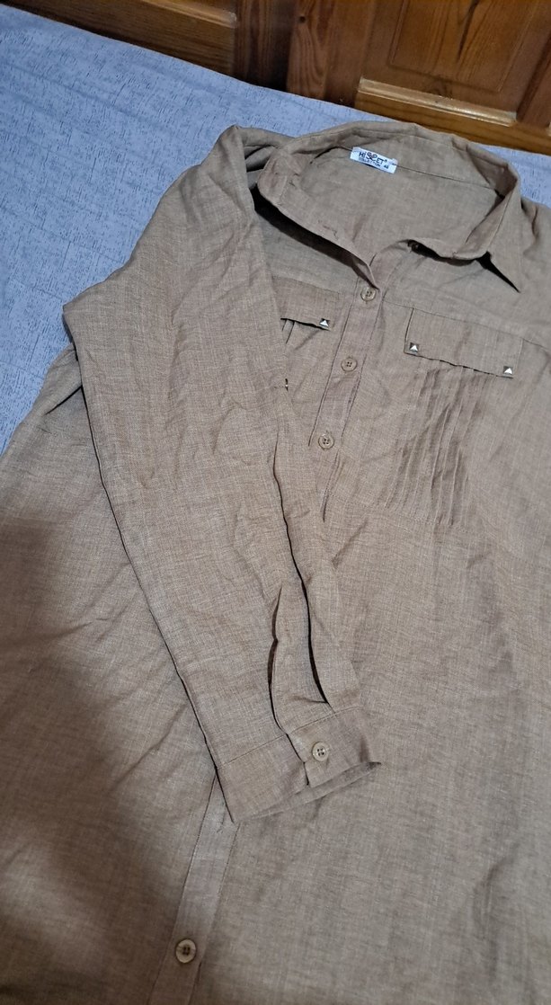 Bej Keten Düğmeli Uzun Kollu Tunik - Görsel 4