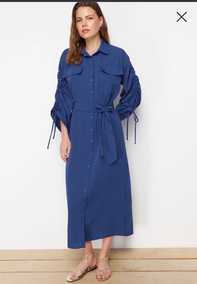 Lacivert Kuşaklı Uzun Elbise - Görsel 2