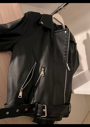 Kadın Siyah Deri Biker Ceket - Görsel 6