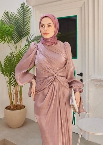 Drapeli pembe Uzun Kol Abiye Elbise