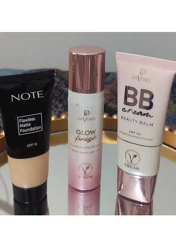 3 ürün Fondöten,Bb krem spf 30,aydınlatıcı makyaj bazı
