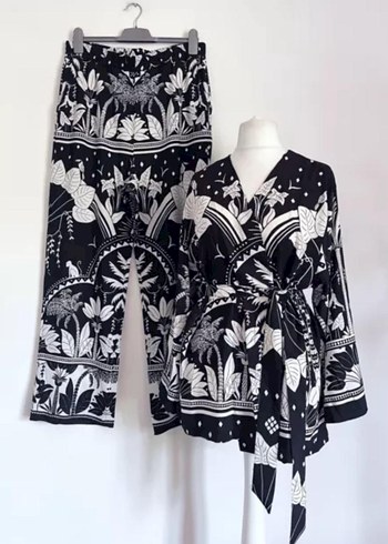 40 Beden Bohem Uzun Siyah Desenli Kadın Kimono-Pantolon takım
