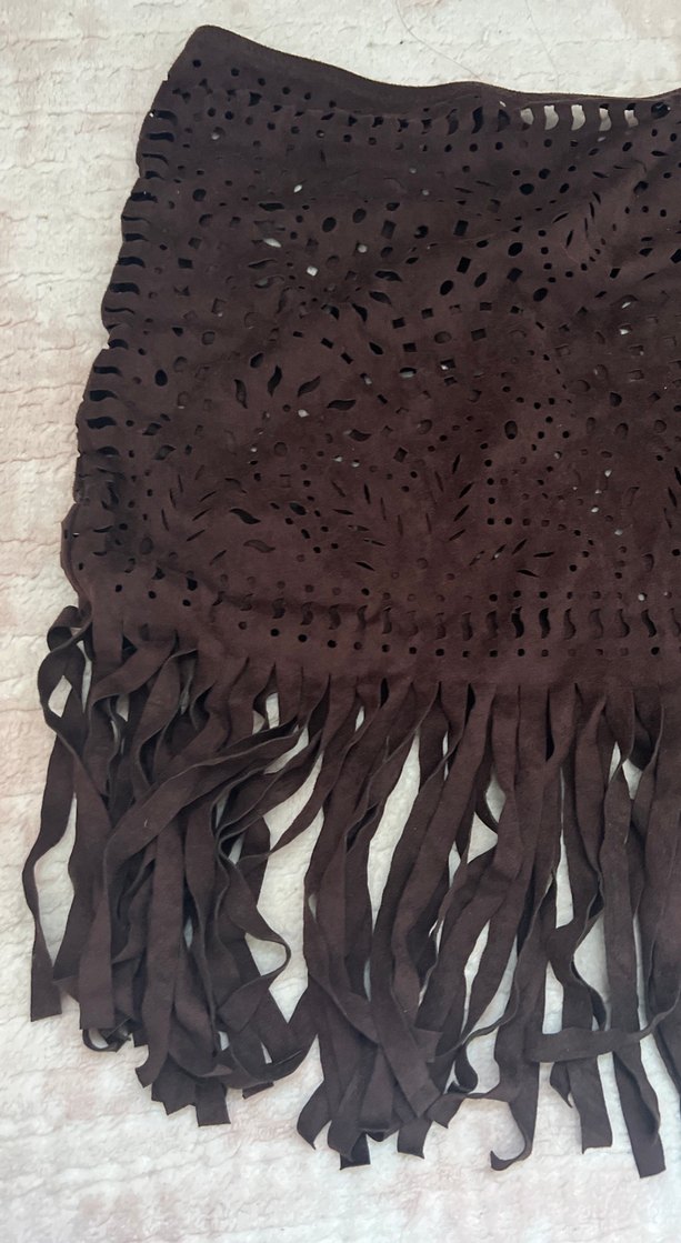 Kahverengi Süet Bohem Örgü etek - Görsel 2