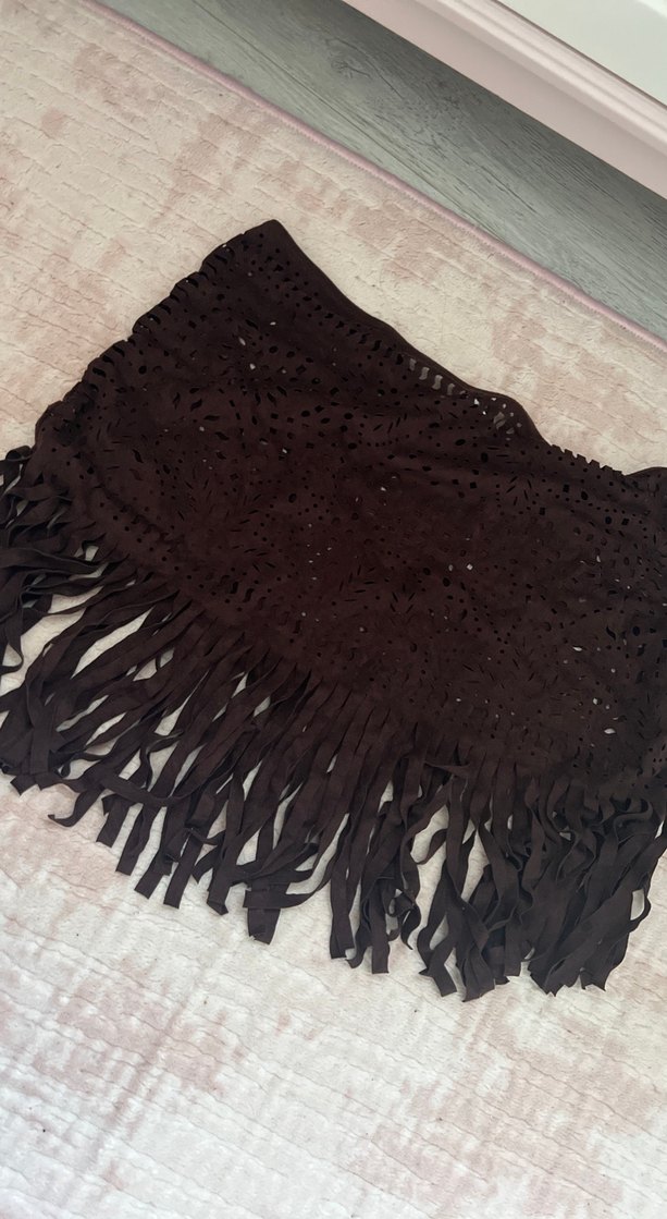 Kahverengi Süet Bohem Örgü etek - Görsel 5