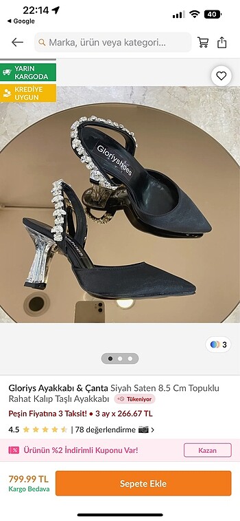 Siyah saten 8.5 cm topuklu şık taşlı topuklu ayakkabı