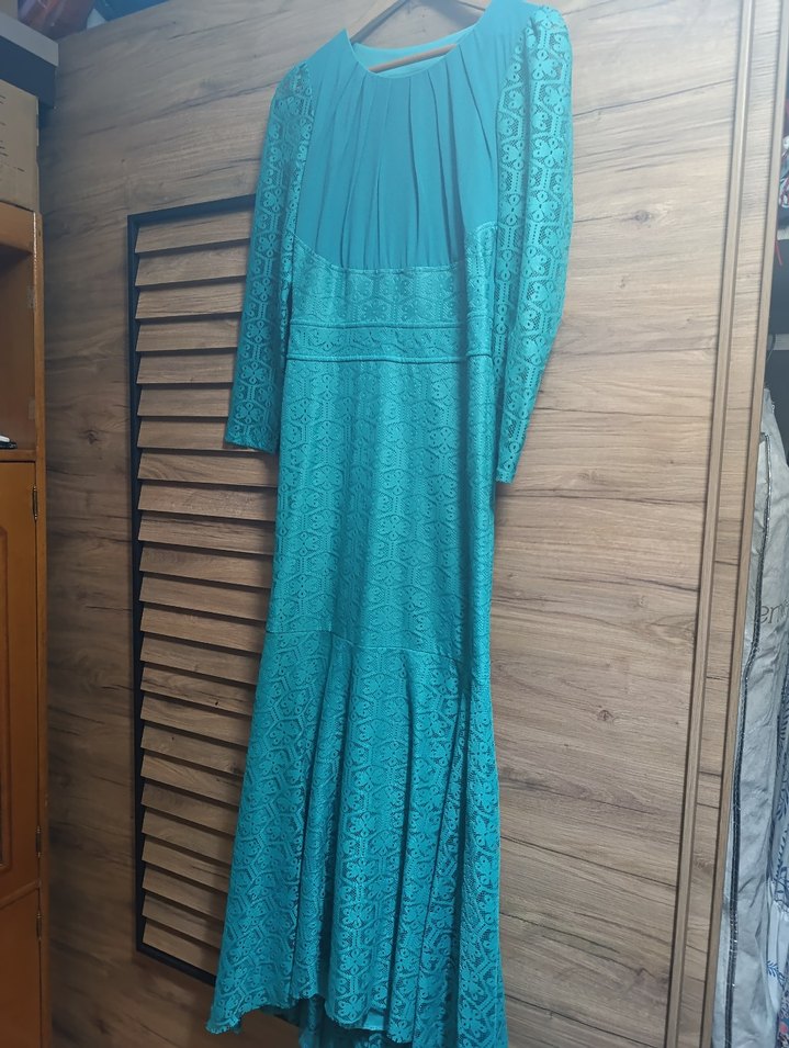 Mint Yeşili Uzun Kollu Drapeli Uzun  Dantel Balık Elbise - Görsel 2