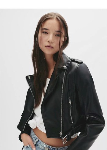 Kadın Siyah Deri Biker Ceket hiç kullanılmadı - Görsel 2