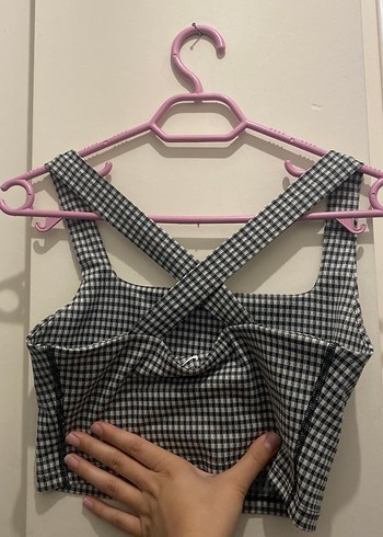 Gri Kareli Askılı Kadın Midi Üst - Görsel 2