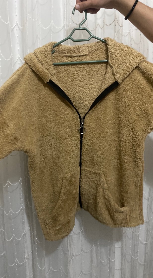 Bej Kapüşonlu Peluş Kadın Ceket - Görsel 2