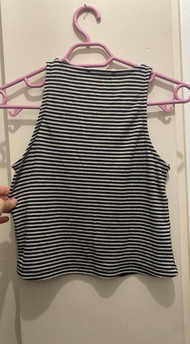 Kadın Çizgili Kısa Kollu Yüksek Yakalı Atlet - Görsel 2