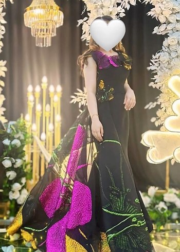 Askılı, drapeli, uzun mor ve siyah elbise - Görsel 2