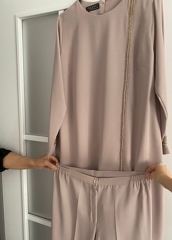 Diğer Bej Kadın Uzun Kollu Dökümlü Tunik pantolon takım