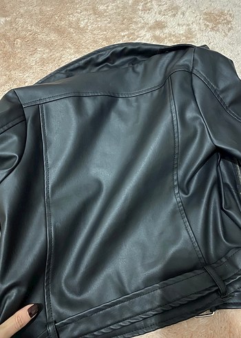 Siyah Deri Kadın Biker Ceket - Görsel 4
