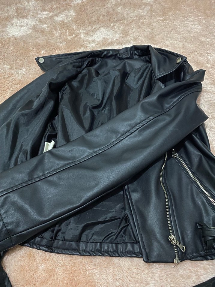 Siyah Deri Kadın Biker Ceket - Görsel 3