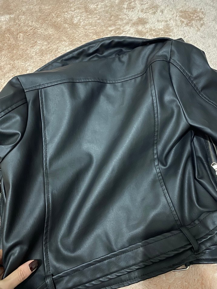 Siyah Deri Kadın Biker Ceket - Görsel 4