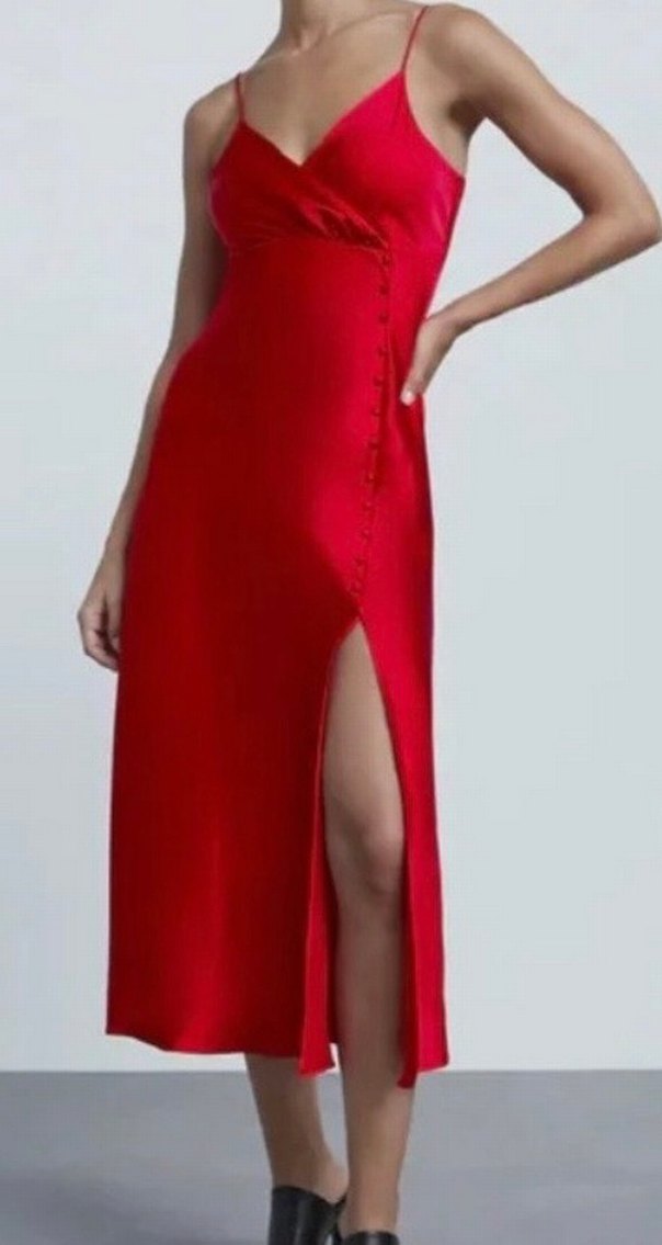 Zara Kırmızı Uzun Saten Askılı Elbise - Görsel 5