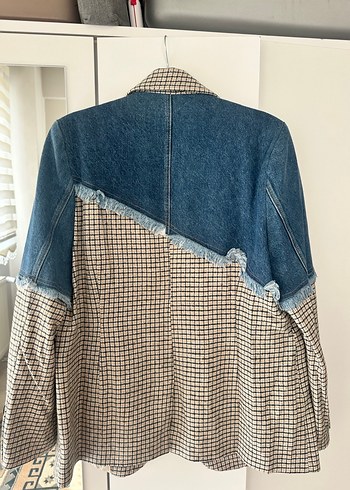 Düğmeli Kot ve Ekose Kadın Blazer - Görsel 3