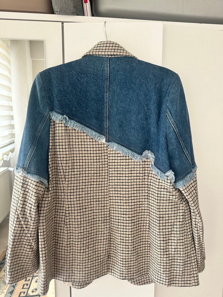 Düğmeli Kot ve Ekose Kadın Blazer - Görsel 3