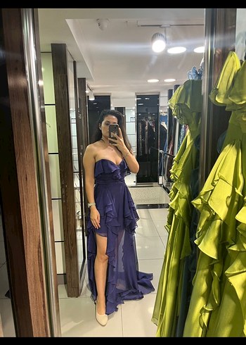 Mor Drapeli Uzun Straplez Abiye Elbise - Görsel 2